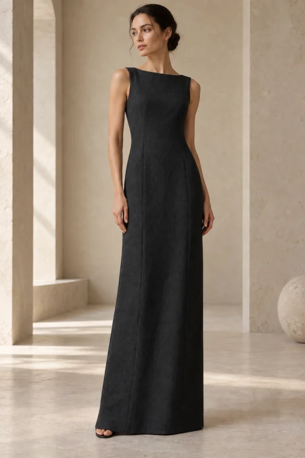 Arc Column Dress in Ink linen, fit view