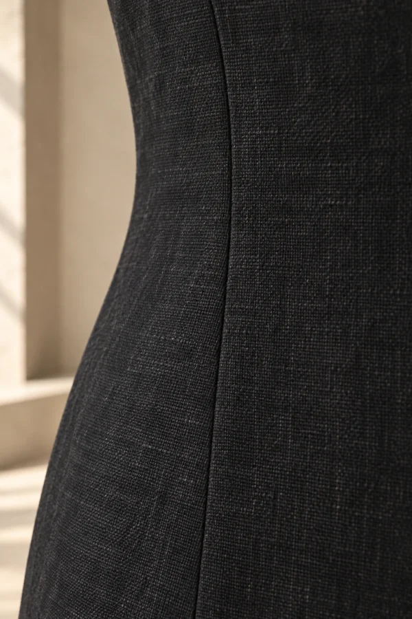 Arc Column Dress in Ink linen, material close-up