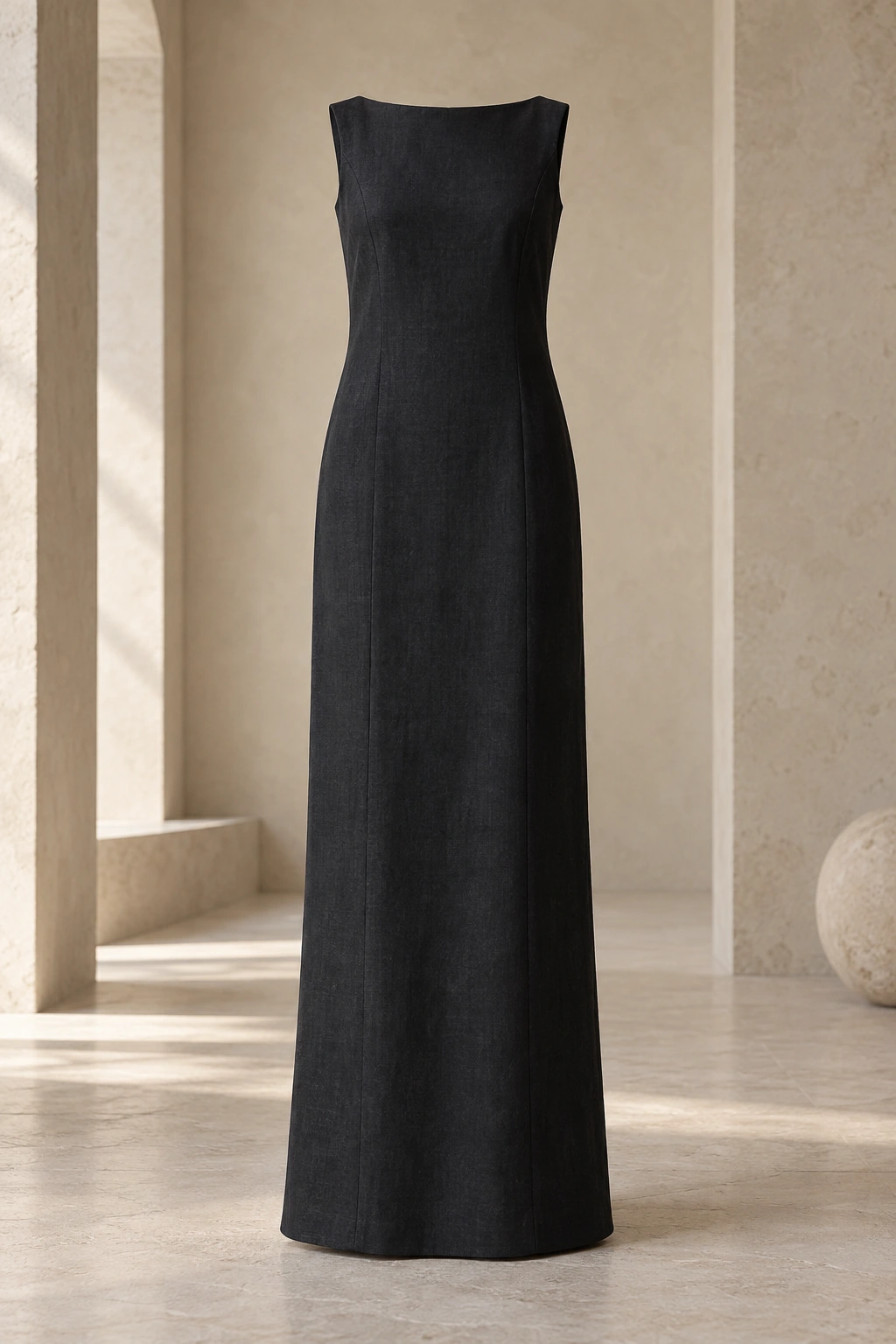 Arc Column Dress in Ink linen, product view