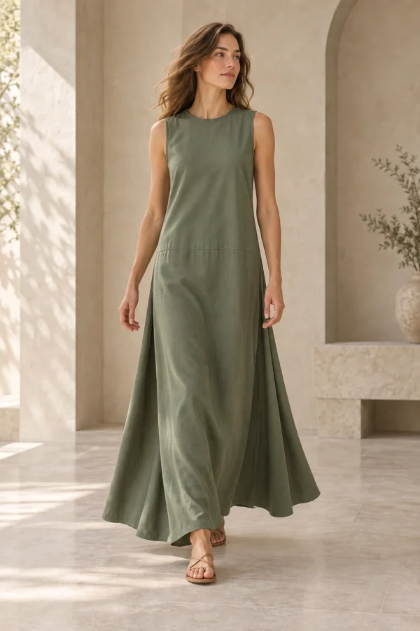 Still Line Dress in Moss Tencel twill, movement view