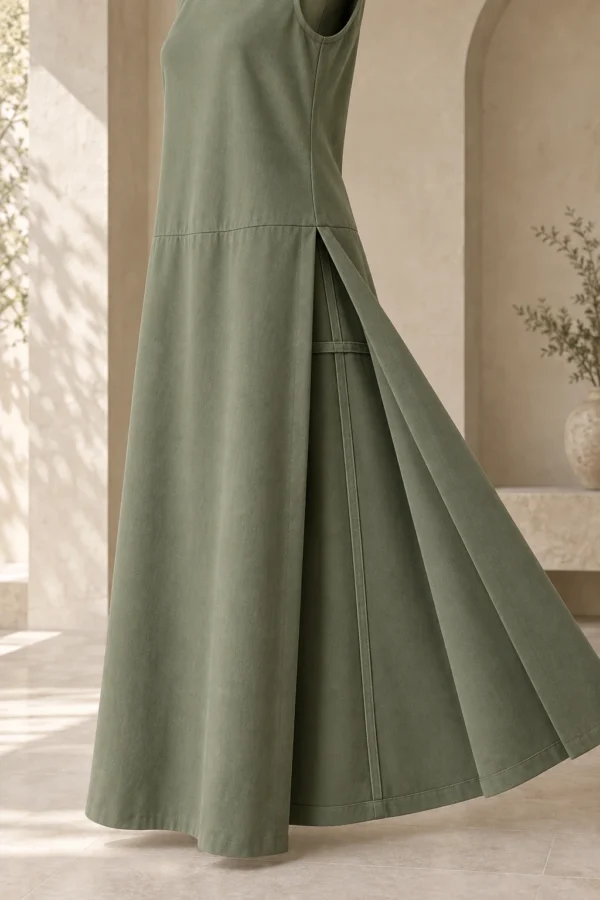 Still Line Dress in Moss Tencel twill, bound internal seam detail