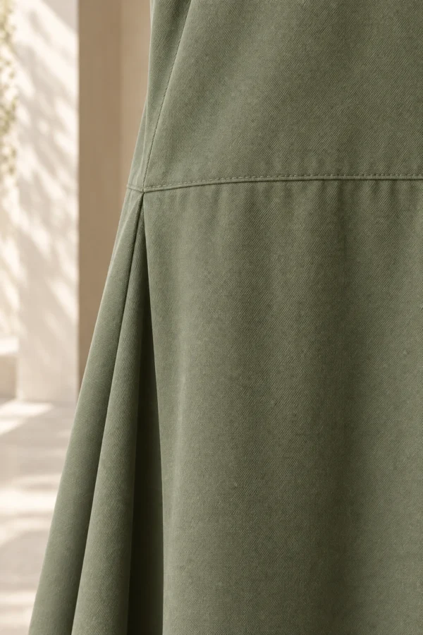 Still Line Dress in Moss Tencel twill, material close-up