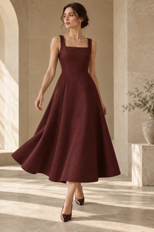 Oxblood Frame Dress in Oxblood wool twill, movement view
