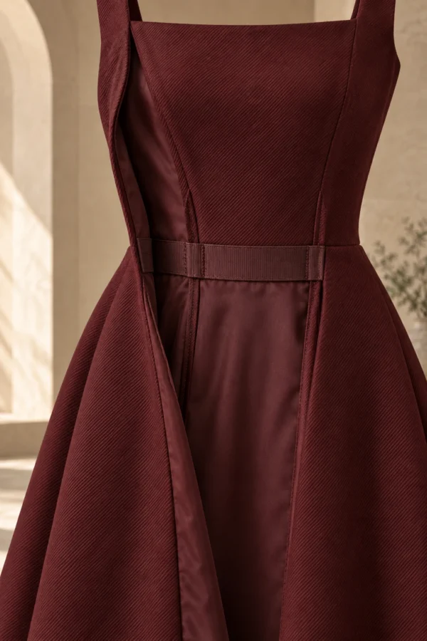 Oxblood Frame Dress in Oxblood wool twill, internal waist stay detail
