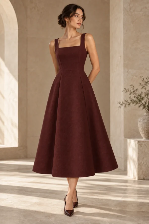 Oxblood Frame Dress in Oxblood wool twill, fit view
