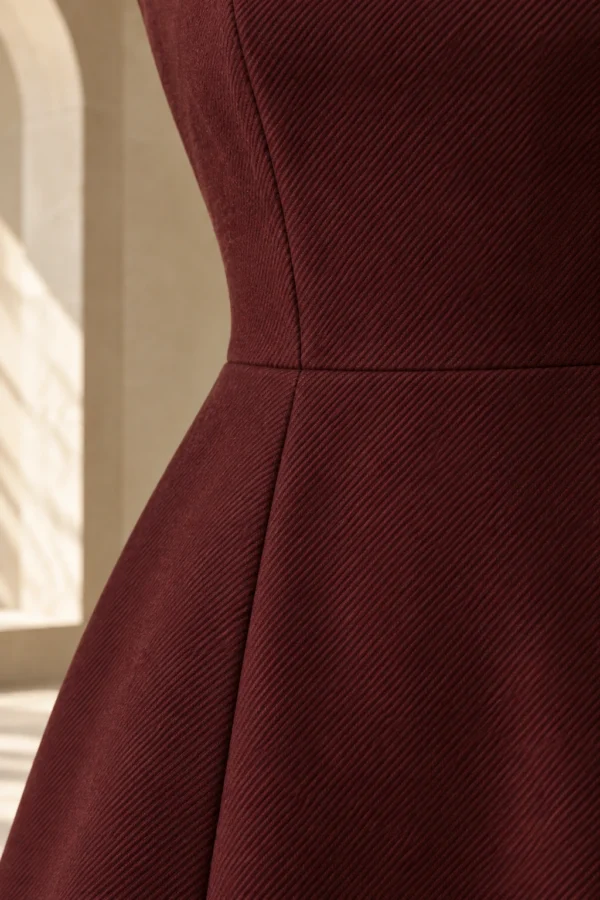 Oxblood Frame Dress in Oxblood wool twill, material close-up
