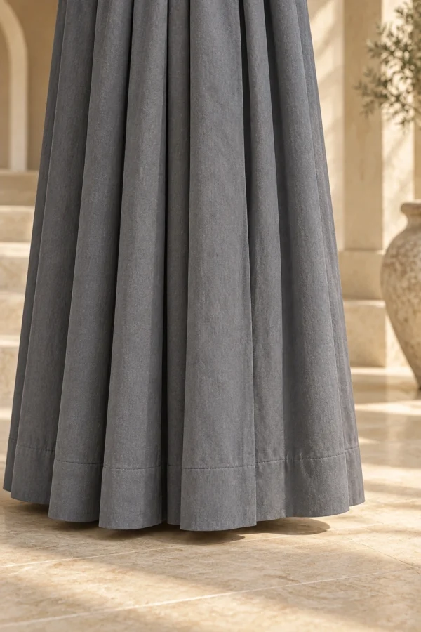 Quiet Pleat Dress in Slate organic cotton, reinforced hem detail