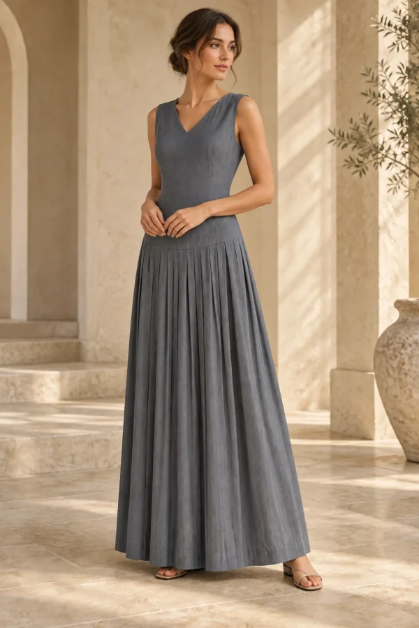 Quiet Pleat Dress in Slate organic cotton, fit view