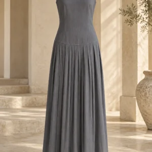 Quiet Pleat Dress in Slate organic cotton, product view