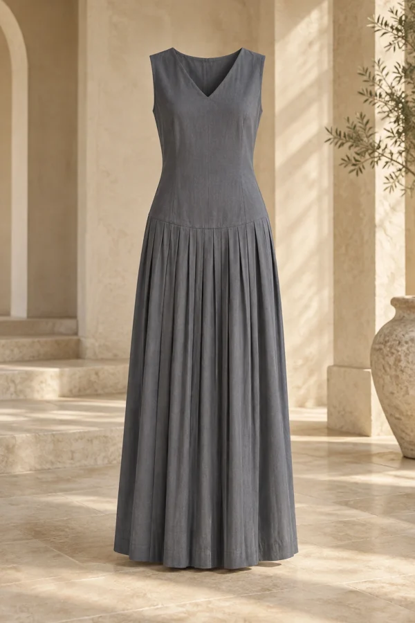 Quiet Pleat Dress in Slate organic cotton, product view