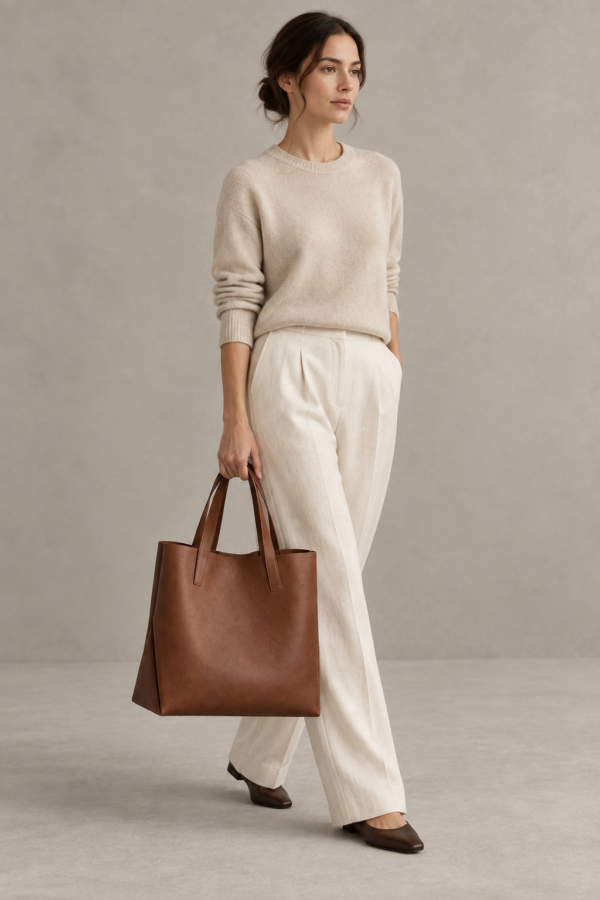 Fold Leather Tote in Tobacco, worn carry and scale view