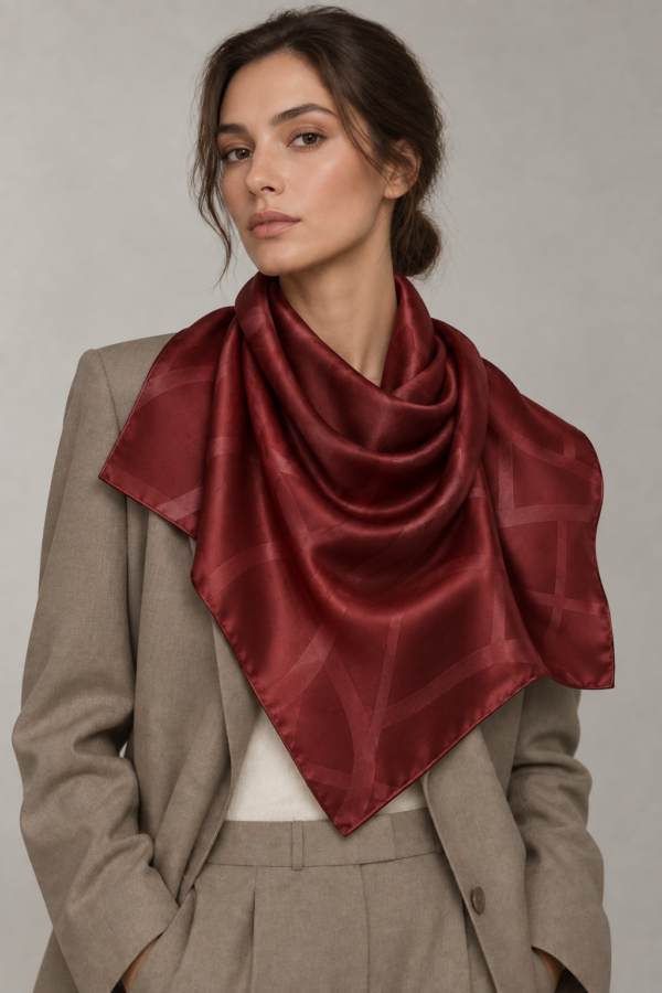 Still Forms Scarf in Oxblood, worn drape view