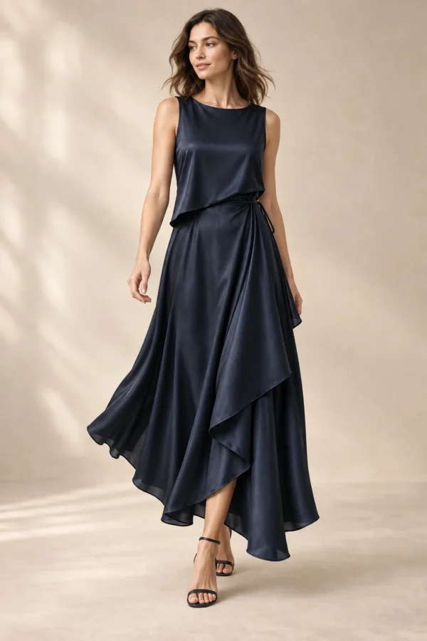 Halo Drape Dress in Ink, movement and use view
