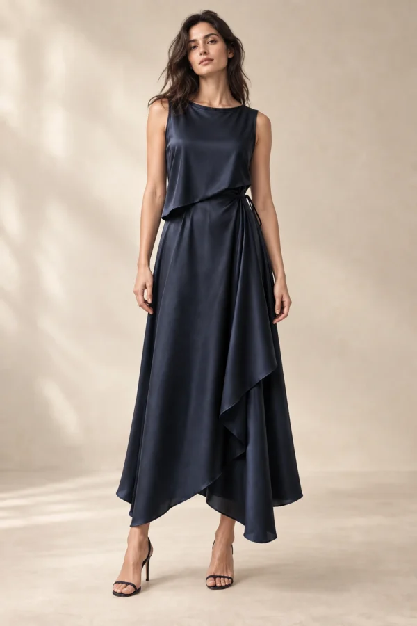 Halo Drape Dress in Ink, fit view