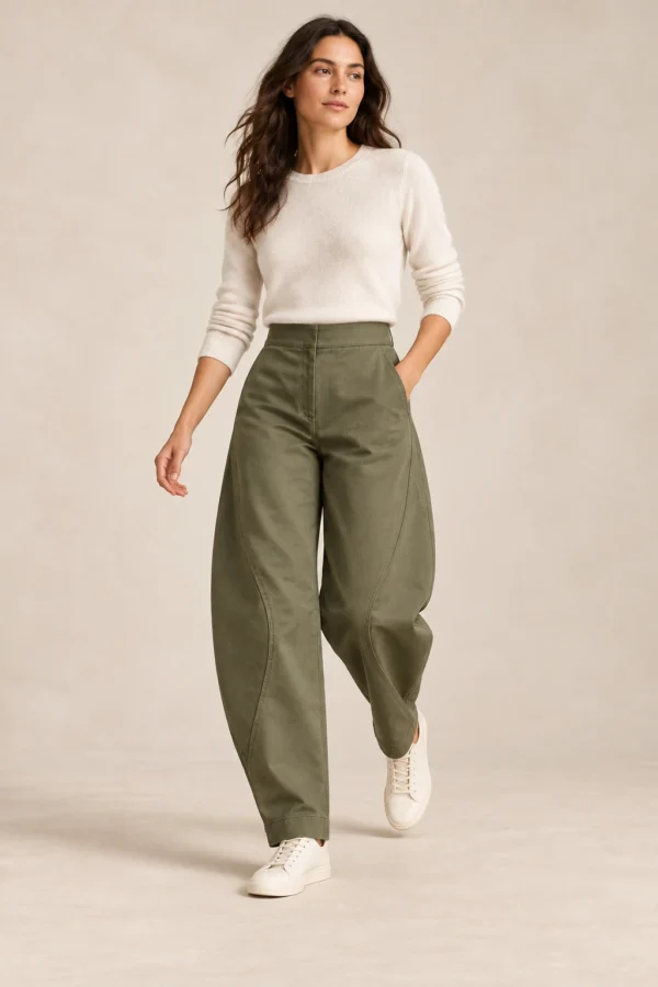 Crescent Barrel Trouser in Moss, movement and use view